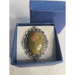 New Silvertone‎ Green and Pink Unakite Cabochon Statement Ring Size 7 Gift Box